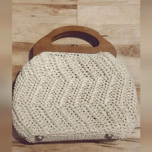 Vintage straw purse wooden handle Korean Boho